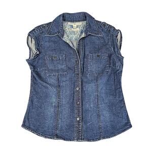 Tommy Hilfiger denim top sz10 sleeveless stretch tailored button up western 90s